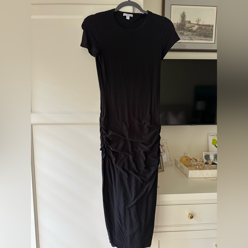 James Perse Black Cotton Ruched Midi Dress